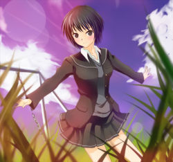 Rule 34 | 1girl, amagami, black eyes, black hair, blurry, cloud, depth of field, grass, lens flare, nanasaki ai, ok-ray, outstretched arms, pleated skirt, school uniform, short hair, skirt, smile, solo, spread arms, swing