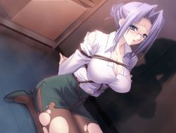 Rule 34 | 00s, 1girl, arms behind back, bdsm, blush, bondage, bound, breasts, cellaria markelight, cleavage, crotch rope, female focus, game cg, glasses, high heels, kneeling, large breasts, light purple hair, looking at viewer, miniskirt, navel, pantyhose, pencil skirt, purple eyes, purple hair, rope, shadow, shibari, shibari over clothes, shoes, skirt, solo, soul link, suzuhira hiro, teacher, torn clothes, torn pantyhose