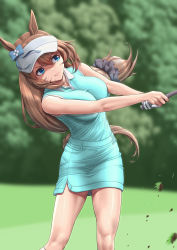 Rule 34 | 1girl, absurdres, animal ears, aqua shirt, aqua skirt, blue eyes, blurry, blurry background, breasts, brown hair, cleavage, day, depth of field, feet out of frame, gloves, golf, golf club, hair ornament, hair scrunchie, hat, highres, holding, horse ears, horse girl, horse tail, impossible clothes, impossible shirt, large breasts, long hair, low-tied long hair, outdoors, scrunchie, shibakarisena, shirt, single glove, skirt, sleeveless, sleeveless shirt, solo, standing, super creek (umamusume), tail, umamusume, v-shaped eyebrows, very long hair, visor cap, white gloves, white hat