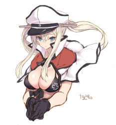 Rule 34 | 1girl, bikini, bikini top only, black bikini, black gloves, blonde hair, blue eyes, breasts, capelet, cleavage, cropped torso, cross, floating hair, front-tie top, gloves, goekawa, graf zeppelin (kancolle), hair between eyes, hat, highres, iron cross, kantai collection, large breasts, long hair, one-hour drawing challenge, parted lips, peaked cap, sidelocks, simple background, solo, swimsuit, twintails, white background, white hat