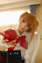 Rule 34 | 1girl, amane misa, apple, asian, cosplay, cosplay photo, death note, food, fruit, holding, holding food, holding fruit, photo (medium), solo, two side up
