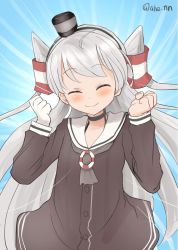 Rule 34 | 1girl, ahenn, amatsukaze (kancolle), blue background, brown dress, cowboy shot, dress, emphasis lines, closed eyes, gloves, hair tubes, happy, hat, kantai collection, long hair, mini hat, sailor dress, short dress, silver hair, single glove, smile, solo, twitter username, two side up, white gloves