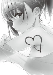 Rule 34 | 1girl, blush, body writing, breasts, female focus, fingernails, from side, greyscale, heart, highres, hizuki akira, looking at viewer, looking to the side, medium breasts, medium hair, monochrome, original, parted lips, ponytail, see-through silhouette, sideways glance, simple background, solo, upper body, white background