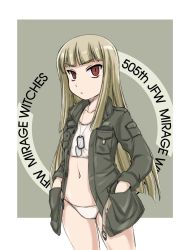 Rule 34 | 1girl, 505th joint fighter wing, belt, blonde hair, blunt bangs, bra, collarbone, commentary, cowboy shot, dog tags, english text, flat chest, grete m. gollob, grey background, hands in pockets, highres, jacket, long hair, long sleeves, looking at viewer, military, military uniform, navel, no pants, open belt, open clothes, open jacket, outside border, panties, parted lips, red eyes, solo, standing, straight hair, training bra, underwear, uniform, wan&#039;yan aguda, white bra, white panties, world witches series