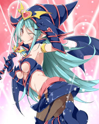 Rule 34 | 1girl, ;p, aqua hair, arm up, armband, armpits, ass, bare shoulders, blue footwear, blue gloves, blush, boots, breasts, brown thighhighs, chocolate magician girl, clothing cutout, duel monster, elbow gloves, eyebrows, garter straps, gloves, helmet, highres, holding, licking, looking at viewer, medium breasts, mtu (orewamuzituda), one eye closed, pantyhose, pink background, pointy ears, red eyes, sidelocks, simple background, solo, thigh boots, thighhighs, tongue, tongue out, underboob, underboob cutout, wand, yu-gi-oh!