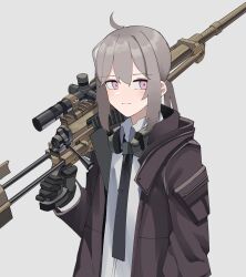 Rule 34 | 1girl, absurdres, ahoge, black gloves, black jacket, black necktie, bolt action, brown jacket, cheytac m200, closed mouth, collared shirt, commentary, dress shirt, ear protection, expressionless, gar32, girls&#039; frontline, gloves, grey background, grey hair, gun, hair between eyes, highres, holding, holding gun, holding weapon, jacket, long hair, looking at viewer, m200 (girls&#039; frontline), name connection, necktie, object namesake, open clothes, open jacket, pink eyes, ponytail, rifle, scope, shirt, simple background, sniper rifle, solo, upper body, weapon, white shirt