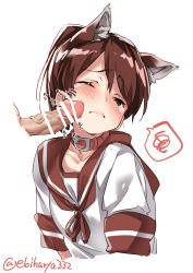 Rule 34 | 1girl, admiral (kancolle), animal collar, animal ears, bar censor, blouse, blush, brown eyes, brown hair, censored, cheek poking, closed mouth, collar, commentary request, dog ears, ebifurya, embarrassed, erection, extra ears, facejob, gloves, highres, kantai collection, kemonomimi mode, long hair, looking at viewer, neckerchief, one eye closed, penis, penis on face, poking, ponytail, sailor collar, school uniform, serafuku, shikinami (kancolle), shirt, short sleeves, simple background, solo focus, spoken squiggle, squiggle, twitter username, white background, white gloves, white shirt
