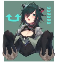 Rule 34 | 1girl, ahoge, animal ears, black collar, black hair, blue eyes, blush, breasts, bug, butterfly, cleavage, collar, cropped legs, dragon ears, ear piercing, hair between eyes, hair over one eye, insect, large breasts, long sleeves, ngtr kaina, open mouth, piercing, puzzle &amp; dragons, roche (p&amp;d), simple background, sleeves past fingers, sleeves past wrists, solo