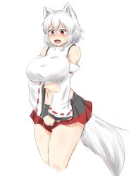 Rule 34 | 1girl, absurdres, animal ears, bare shoulders, blush, breast hold, breasts, commentary request, cowboy shot, cropped legs, detached sleeves, forneus 0, hair between eyes, highres, inubashiri momiji, large breasts, long sleeves, miniskirt, navel, no headwear, no headwear, nose blush, open mouth, red eyes, ribbon-trimmed sleeves, ribbon trim, short hair, skirt, solo, standing, stomach, tearing up, tears, touhou, unfinished, wide sleeves, wolf ears