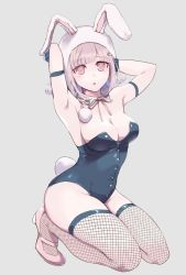 Rule 34 | 1girl, alternate color, animal ears, armpits, arms up, bare arms, bare shoulders, black leotard, breasts, brown hair, cleavage, commentary request, danganronpa (series), danganronpa 2: goodbye despair, fake animal ears, fake tail, fishnet thighhighs, fishnets, hair ornament, kneeling, large breasts, leotard, looking at viewer, mole, mole on breast, nanami chiaki, official alternate costume, pink eyes, pink hair, playboy bunny, rabbit ears, rabbit tail, shoes, short hair, sketti, solo, tail, thighhighs, white headwear
