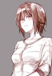 Rule 34 | 10s, 1girl, brown theme, casual, commentary request, girls und panzer, grey background, highres, long sleeves, looking at viewer, monochrome, napata, nishizumi maho, parted lips, shirt, short hair, sketch, smile, solo, striped clothes, striped shirt, upper body