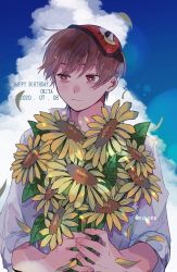 Rule 34 | 1boy, absurdres, brown eyes, brown hair, flower, gintama, happy birthday, highres, holding, holding flower, looking to the side, male focus, mikuwwwm, okita sougo, outdoors, shinsengumi (gintama), short hair, sky, sleep mask, sleeves rolled up, solo, sunflower