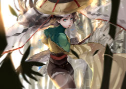Rule 34 | 1girl, aqua eyes, bamboo, bamboo forest, black shorts, blurry, blurry background, blurry foreground, brown hair, character request, depth of field, forest, hat, hat ribbon, highres, pantyhose under shorts, long hair, long sleeves, looking at viewer, looking to the side, motion blur, nature, onmyoji, pantyhose, ribbon, short shorts, shorts, solo, vardan, wide sleeves