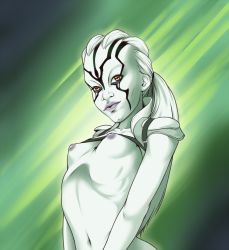 Rule 34 | 1girl, albino, alien, artist request, breasts, jaylah, small breasts, source request, star trek, white hair, yellow eyes