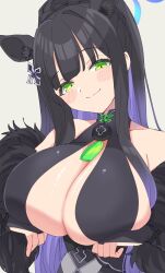 Rule 34 | 1girl, animal ears, blue archive, blush, breasts, bridal gauntlets, cleavage, feather boa, green eyes, green tassel, hair ornament, halo, highres, large breasts, long hair, looking at viewer, ponytail, shun (blue archive), sideboob, smile, solo, sukoyaka (100hituzi)