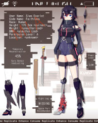 Rule 34 | 1girl, amputee, arms at sides, black hair, brown background, character name, character profile, colored tips, commentary request, copyright name, cyborg, dated, destiny (game), english text, full body, gradient background, hair between eyes, hair flaps, high collar, kuroda kuwa, mecha musume, multicolored hair, original, pixiv fantasia, red hair, scabbard, sheath, short hair with long locks, siva (destiny), solo, standing, white background
