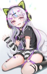 Rule 34 | 1girl, absurdres, animal ear headphones, animal ears, black arm warmers, black choker, black shirt, black thighhighs, blue hair, cat ear headphones, cat hair ornament, choker, fake animal ears, fishnet thighhighs, fishnets, grey hair, hair ornament, headphones, heart, heart hair ornament, highres, hololive, long hair, looking at viewer, multicolored hair, murasaki shion, murasaki shion (8th costume), official alternate costume, open mouth, orange eyes, paw hair ornament, pink hair, shirt, skirt, smile, solo, streaked hair, striped arm warmers, thigh strap, thighhighs, tk@illustration, torn clothes, torn thighhighs, very long hair, virtual youtuber, white arm warmers, white skirt