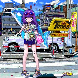 Rule 34 | 1girl, ace akira, bag, car, cup ramen, eating, english text, eyewear on head, food, inflatable orca, inflatable toy, instant soba, long hair, motor vehicle, noodles, orca, original, parking lot, pixel art, purple hair, ramen, revision, sandals, sign, solo, sunglasses, van, yakisoba
