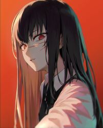 Rule 34 | absurdres, black hair, black ribbon, black vest, chainsaw man, choppy bangs, collared shirt, commentary, fourth east high school uniform, highres, long hair, long sleeves, looking at viewer, looking down, mitaka asa, neck ribbon, parted lips, red background, red eyes, ribbon, scar, scar on face, school uniform, shirt, simple background, solo, upper body, vest, white shirt, yohwa, yoru (chainsaw man)