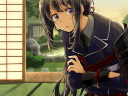 Rule 34 | 10s, 1boy, akn92, armor, black hair, crossed arms, double-breasted, grass, indoors, japanese armor, leaning forward, long hair, looking at viewer, male focus, md5 mismatch, military, military uniform, namazuo toushirou, necktie, pond, ponytail, purple eyes, shoulder armor, sliding doors, sode, solo, stone lantern, tatami, touken ranbu, uniform, very long hair