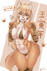 Rule 34 | 1girl, animal ears, animal print, bikini, blonde hair, blue eyes, breasts, chinese zodiac, cleavage, foxhound220, fur, furry, highres, long hair, looking at viewer, new year, original, solo, swimsuit, tail, thighhighs, tiger ears, tiger girl, tiger print, tiger tail, tongue, tongue out, year of the tiger