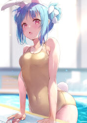 Rule 34 | 1girl, absurdres, animal ear fluff, animal ears, bare arms, bare shoulders, blue hair, blurry, blurry background, blush, braid, braided bun, breasts, double bun, extra ears, hair bun, highres, hololive, looking at viewer, multicolored hair, nira (vira), one-piece swimsuit, open mouth, pool, rabbit ears, rabbit girl, rabbit tail, red eyes, sidelocks, small breasts, solo, streaked hair, swimsuit, tail, thick eyebrows, usada pekora, virtual youtuber, wet, wet clothes, wet swimsuit, white hair, yellow one-piece swimsuit