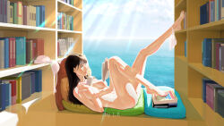 Rule 34 | 1girl, absurdres, artist name, barefoot, bendy straw, blue sky, book, bookshelf, bra, breasts, brown hair, commentary, completely nude, day, drinking straw, feet, food, foot up, from side, fruit, full body, highres, holding, holding book, holding pencil, indoors, juice box, kneepits, l.e, legs up, long hair, lying, medium breasts, mole, mole on breast, navel, nude, ocean, open book, original, panties, panties around leg, panties around one ankle, parted lips, pencil, pillow, realistic, sky, solo, strawberry, sunlight, underwear, unworn bra, veins, veiny breasts, yellow eyes