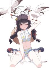 Rule 34 | 1girl, absurdres, ahoge, arm up, bikini, bird, black footwear, black hair, blue archive, braid, breasts, bright pupils, choker, commentary request, crocs, feathers, frilled ribbon, frills, grey halo, halo, hat, hat on back, highres, leaf, leaf on head, leaf print, looking at viewer, low twintails, miyu (blue archive), miyu (swimsuit) (blue archive), naseul 777, official alternate costume, one eye closed, open mouth, print bikini, red eyes, ribbon, ribbon choker, seagull, simple background, sitting, small breasts, solo, straw hat, swimsuit, twin braids, twintails, wariza, white background, white bikini, white pupils