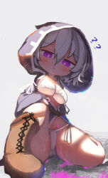 Rule 34 | 1girl, ?, ??, absurdres, breasts, bright pupils, brown footwear, chii (tsumami tsumamare), cleavage, cross-laced clothes, full body, grey background, grey hair, highres, hood, large breasts, looking at viewer, original, panties, pink eyes, short hair, simple background, solo, underwear, white panties, white pupils