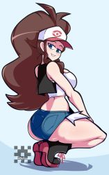 Rule 34 | 1girl, ass, bare shoulders, baseball cap, big hair, blue background, blue eyes, boots, breasts, brown hair, butt crack, creatures (company), from behind, full body, game freak, hat, highres, hilda (pokemon), huge ass, joeydrawss, large breasts, long hair, looking back, midriff, nintendo, pokemon, pokemon bw, ponytail, short shorts, shorts, sideboob, sidelocks, simple background, smile, solo, squatting, thick thighs, thighs, tiptoes, vest, wide hips