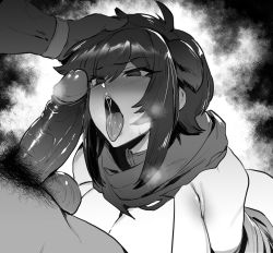 Rule 34 | 1boy, 1girl, blush, breasts, genderswap, genderswap (mtf), getter robo, greyscale, huge breasts, imminent fellatio, long hair, monochrome, nagare ryoma, open mouth, penis, pubic hair, scarf, testicles, thirty 8ght, tongue, tongue out