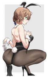 Rule 34 | 1girl, animal ears, artist request, ass, back, bare back, black pantyhose, blush, braid, brown hair, brown pantyhose, condom, corset, detached collar, fake animal ears, full body, green eyes, high heels, highres, idolmaster, idolmaster million live!, idolmaster million live! theater days, leotard, long hair, looking at viewer, looking back, open mouth, outside border, pantyhose, playboy bunny, rabbit ears, rabbit tail, sakuramori kaori, simple background, solo, squatting, tail, thighband pantyhose, tongue, tongue out, white background, wrist cuffs