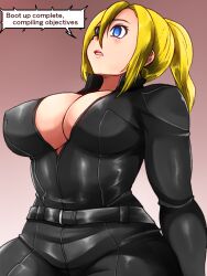Rule 34 | 1girl, absurdres, android, blonde hair, blue eyes, breasts, commission, glowing, glowing eyes, highres, isna (footprintsofisna), jumpsuit, large breasts, non-web source, pixiv commission, t-800, terminator (series), the terminator