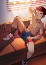 Rule 34 | 1boy, absurdres, blue eyes, brown hair, highres, masayoshi togashi (alu379), muscular, muscular male, plaster, shorts, solo, topless male, underwear