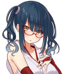 Rule 34 | 1girl, absurdres, blue hair, blush, breasts, brown eyes, choco tanuki, cleavage, glasses, highres, large breasts, looking at viewer, medium hair, nijisanji, parted lips, red-framed eyewear, short twintails, sleeveless, solo, twintails, upper body, virtual youtuber, wavy hair, yamagami karuta