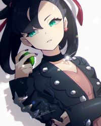 Rule 34 | 1girl, aqua eyes, asymmetrical hair, black jacket, blonde hair, choker, creatures (company), dress, dusk ball, earrings, game freak, hair ribbon, highres, jacket, jewelry, leather, leather jacket, looking to the side, marnie (pokemon), miu (miuuu 721), nail polish, nintendo, open clothes, open jacket, pink dress, poke ball, pokemon, pokemon swsh, ribbon, short twintails, signature, solo, twintails