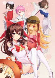 Rule 34 | 6+girls, absurdres, animal hood, ascot, ass, bakemonogatari, bare shoulders, beige background, beret, black hair, blue sash, blush, bow, breasts, brown eyes, brown hair, character request, chemise, chinese commentary, commentary request, crossover, detached sleeves, doma umaru, doughnut, dress, fanxing xt, feet out of frame, food, frilled bow, frilled sleeves, frills, from behind, goggles, goggles on headwear, gradient background, hair between eyes, hair bow, hair ornament, hair tubes, hakurei reimu, hamster hood, hat, heart, helmet, highres, himouto! umaru-chan, holding, holding heart, hood, japanese clothes, juliet sleeves, kimono, knees up, long hair, long sleeves, looking at viewer, looking back, maid, maid headdress, midriff peek, miniskirt, monogatari (series), mouth hold, multiple girls, obi, oshino shinobu, peeking, petals, pink background, pink dress, pink hair, puffy sleeves, ram (re:zero), re:zero kara hajimeru isekai seikatsu, red bow, red eyes, red shirt, red skirt, ryougi shiki, sandals, sarashi, sash, shirt, short hair, sidelocks, sitting, skirt, skirt set, small breasts, smile, spaghetti strap, thighhighs, thighs, touhou, translation request, very long hair, white headwear, white kimono, white skirt, white thighhighs, wide sleeves, x hair ornament, yellow ascot