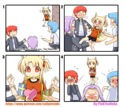 Rule 34 | &gt; &lt;, 1girl, 3boys, 4koma, :3, :d, ^^^, absurdres, animal ears, artist name, backpack, bad id, bad pixiv id, bag, black jacket, black pants, black shorts, blonde hair, blue hair, blush, box, breasts, can, cigarette, clenched hand, closed eyes, comic, commentary request, covering own eyes, covering own mouth, drooling, ear piercing, earrings, evil grin, evil smile, flute, flying sweatdrops, forehead, fox ears, fox girl, fox tail, gift, gift box, greenteaneko, grin, heart-shaped box, highres, holding, holding another&#039;s wrist, holding can, holding gift, instrument, jacket, jewelry, multiple boys, nose blush, open clothes, open jacket, open mouth, orange shirt, original, pants, parted lips, piercing, purple hair, recorder, recording, red hair, sharp teeth, shirt, shoes, short shorts, short sleeves, shorts, sidelocks, silent comic, sitting, small breasts, smile, snapping fingers, square 4koma, squatting, sweat, tail, teeth, twintails, watermark, web address, white day, white footwear, white shirt, xd