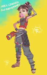 Rule 34 | 1girl, aged down, animification, anniversary, apex legends, baku (na pokapoka), brown footwear, copyright name, dreadlocks, flat chest, highres, holding, holding wrench, navel, official alternate costume, problem solver (apex legends), rampart (apex legends), red shirt, shirt, sleeveless, sleeveless shirt, solo, v, wastelander rampart, wrench