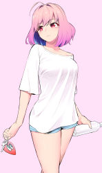 Rule 34 | 1girl, ahoge, blue hair, blue shorts, bob cut, bottle, breasts, collarbone, expressionless, feet out of frame, hair intakes, highres, holding, holding bottle, idolmaster, idolmaster cinderella girls, keyring, large breasts, looking afar, multicolored hair, pink background, pink eyes, pink hair, shirt, short shorts, shorts, shoukichi (shony), simple background, single bare shoulder, solo, two-tone hair, water bottle, white shirt, yumemi riamu