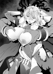 Rule 34 | 1boy, 1girl, ahoge, armor, arms up, artoria pendragon (fate), artoria pendragon (lancer) (fate), bar censor, blush, braid, breasts, breasts out, broken armor, cape, censored, cleavage cutout, clothing cutout, crown, cum, cum in pussy, cumdrip, dark-skinned male, dark skin, empty eyes, erection, fate/grand order, fate (series), french braid, from behind, fur-trimmed cape, fur trim, gauntlets, grabbing, grabbing another&#039;s breast, grabbing from behind, greyscale, hair between eyes, heattech leotard, height difference, heracles (fate), highres, hip focus, huge breasts, leotard, leotard pull, manly, monochrome, nipples, open mouth, penis, pussy, rape, saliva, sidelocks, size difference, solo focus, swept bangs, thighs, torn clothes, torogao, turtleneck, yoshiki360