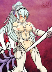 Rule 34 | 1girl, artist name, atlus, axe, blush, bra, breasts, commentary, commission, crotch rub, female focus, female masturbation, grinding, labrys (persona), large breasts, long hair, masturbation, megami tensei, my pet tentacle monster, nipples, no panties, one eye closed, open mouth, persona, persona 4, persona 4: the ultimate in mayonaka arena, pink background, ponytail, pussy, pussy juice, red eyes, shelf bra, shin megami tensei, solo, sweat, uncensored, underwear, watermark, weapon