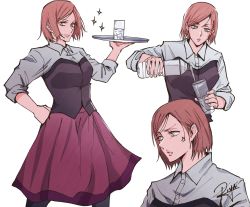 Rule 34 | 1girl, anger vein, black shirt, bob cut, brown eyes, brown hair, collared shirt, cup, drinking glass, eyelashes, female focus, fingernails, hands on own hips, highres, holding, holding cup, ice, jujutsu kaisen, kugisaki nobara, looking at viewer, multicolored hair, pantyhose, parted bangs, pouring, red skirt, riyalise, shirt, short hair, shueisha, simple background, skirt, sleeves rolled up, smile, solo, sparkle, tray, two-tone hair, water, watermark, white background, white shirt