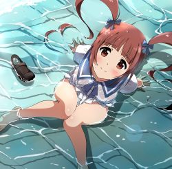 Rule 34 | 1girl, absurdres, blunt bangs, brown eyes, brown hair, commentary request, from above, hair ribbon, highres, idolmaster, idolmaster million live!, loafers, long hair, looking at viewer, looking up, matsuda arisa, neck ribbon, ribbon, sailor collar, see-through, shoes, unworn shoes, solo, tokiani, twintails, wet, wet clothes