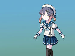 Rule 34 | 1girl, black thighhighs, blue background, blue neckerchief, blue ribbon, blue sailor collar, blue skirt, commentary, english commentary, gloves, gradient background, gradient hair, hat, kantai collection, looking at viewer, multicolored hair, neckerchief, one-hour drawing challenge, pleated skirt, puffy short sleeves, puffy sleeves, purple eyes, purple hair, ribbon, sailor collar, sailor hat, school uniform, serafuku, short hair, short sleeves, sidelocks, sixten, skirt, solo, standing, thighhighs, tsushima (kancolle), white gloves, white hat