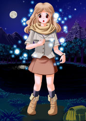 Rule 34 | 1girl, bag, boots, brown hair, buttons, edmol, full moon, grass, lake, moon, mountain, nature, night, night sky, original, red eyes, scarf, skirt, sky, socks, solo, star (sky), tagme, transformation, tree, watch