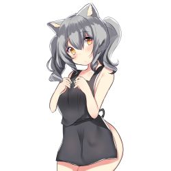 Rule 34 | 10s, 1girl, :/, animal ears, apron, bad id, bad twitter id, blush, cat ears, hands on own chest, kantai collection, kashima (kancolle), kemonomimi mode, naked apron, silver hair, solo, touko (toukoneko), twintails, upper body, white background, yellow eyes