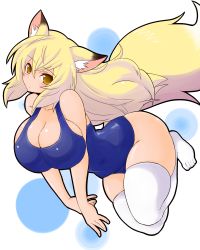 Rule 34 | 1girl, animal ears, blonde hair, breasts, curvy, female focus, fox ears, fox tail, highres, huge breasts, long hair, numadaira, solo, swimsuit, tail, thighhighs, white thighhighs, yellow eyes