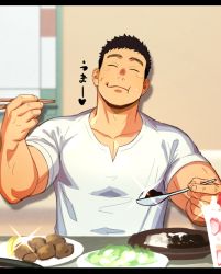 Rule 34 | 1boy, black hair, chopsticks, commentary, curry, curry rice, eating, closed eyes, facial scar, food, holding, holding chopsticks, holding spoon, itto (mentaiko), large pectorals, male focus, original, pectoral cleavage, pectorals, rice, scar, scar on cheek, scar on face, shirt, spoon, translated, white shirt