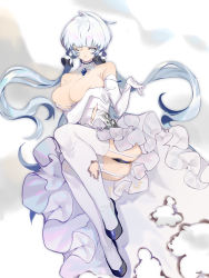 Rule 34 | 1girl, ahoge, anchor, ass, azur lane, bare shoulders, black footwear, black panties, breasts, cleavage, detached collar, dress, elbow gloves, floating hair, frilled dress, frills, full body, garter straps, gloves, grey eyes, hair ribbon, highres, illustrious (azur lane), jewelry, large breasts, long hair, looking at viewer, looking to the side, off-shoulder dress, off shoulder, one eye closed, panties, pendant, ribbon, short hair with long locks, silver hair, simple background, solo, thighhighs, torn clothes, torn dress, underwear, uyuyuun, very long hair, white background, white dress, white gloves, white thighhighs